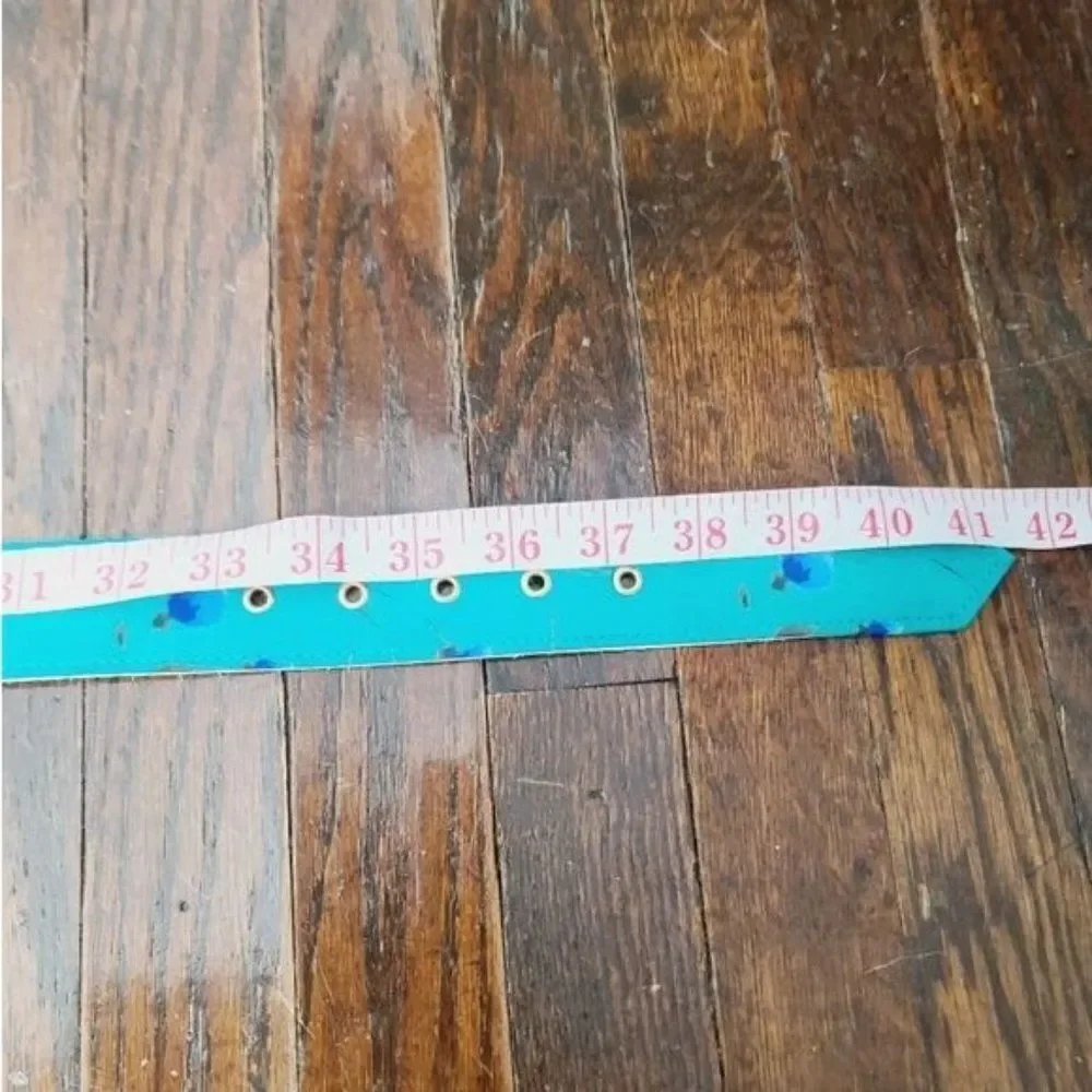 Vintage 80s 90s Teal Blue Whimsi Floral Fabric Chunky Gold Buckle Belt